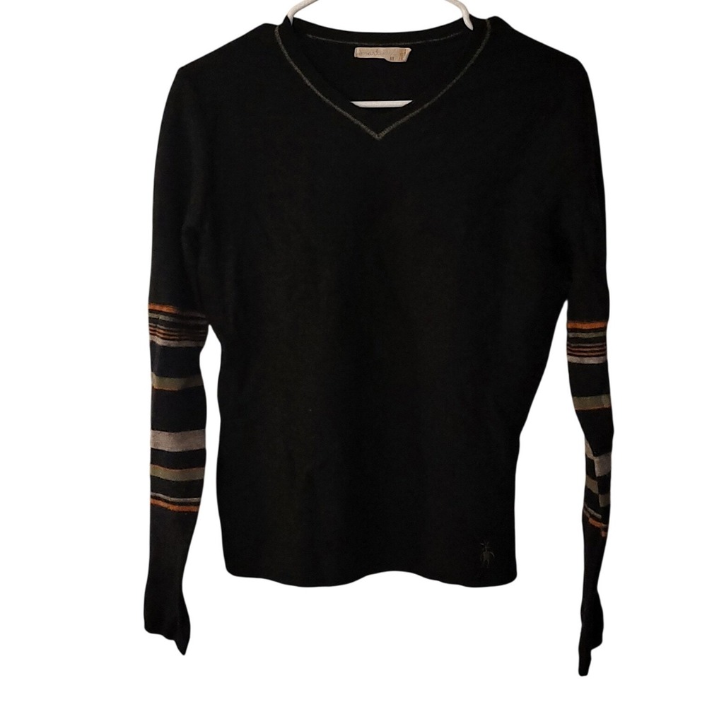 Smartwool Womens Merino Wool V-Neck Sweater Black Striped Sleeve Medium Luxury
